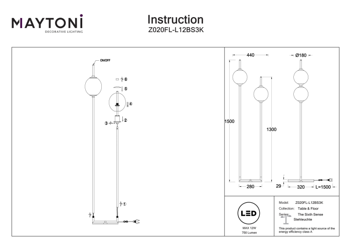 Lampadar Al Șaselea Simț, Metal Alamă, 12W, MAYTONI Z020FL-L12BS3K [7]