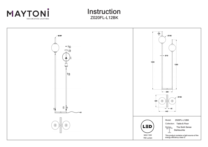 Lampadar Al Șaselea Simț, Metal Negru, 12W, MAYTONI Z020FL-L12BK [7]