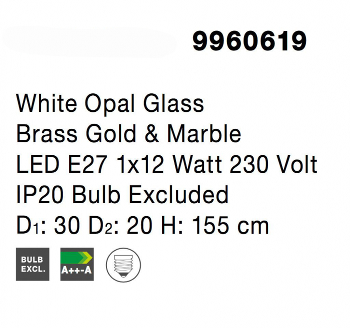 Lampadar auriu Ganiza 155 cm baza marmura alba, abajur forma glob ab sticla opal, 9960619 - Novaluce [6]