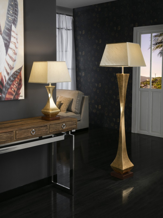 Lampadar auriu/negru de lux Camilo 64 cm baza lemn nuc, abajur textil, 662514 - Schuller [4]