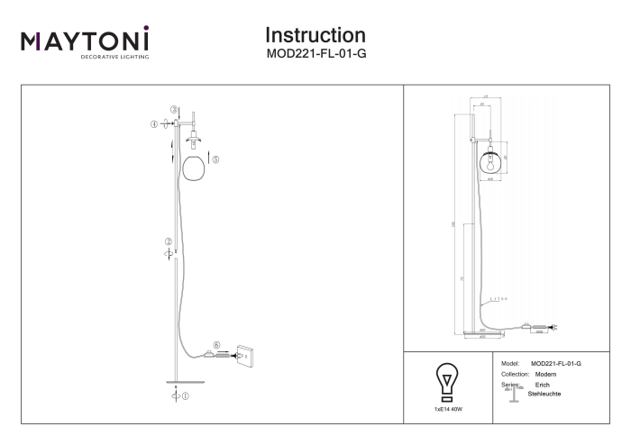 Lampadar Erich, Metal Nichel, 40W, Maytoni MOD221-FL-01-G [2]