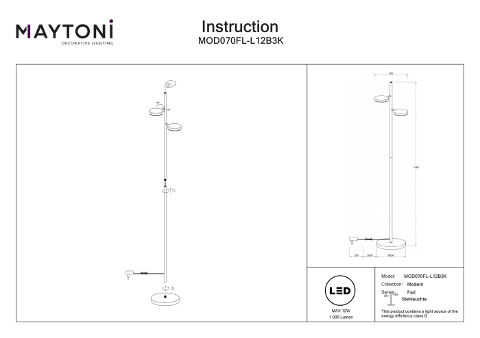 Lampadar Fad, Metal Negru, 12W, MAYTONI MOD070FL-L12B3K [7]