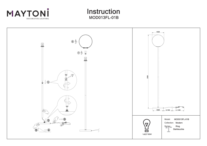 Lampadar Inel, Metal Negru, 60W, MAYTONI MOD013FL-01B [2]