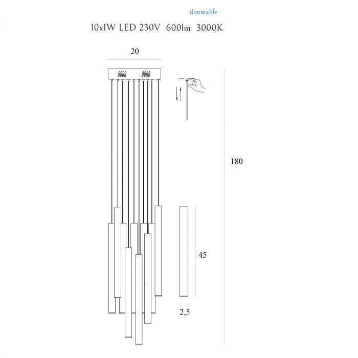 Lustra 10 pendule cilindrice cupru/crom/auriu LED dimabil Tonia Ø 20 cm, metal/acril, inaltime reglabila, P0206D - Maxlight [3]