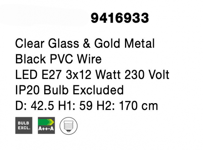 Lustra 3 globuri sticla transparent Levi Gold, metal auriu, 3xE27, 9416933 - Novaluce [9]