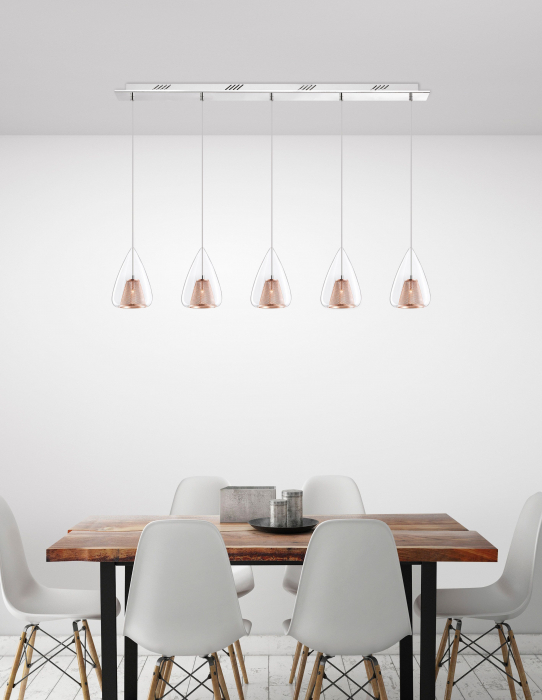 Lustra 5 pendule sticla transparenta Kimbra 112 cm, detalii metal impletit auriu rose, design modern, 1600200505 - Novaluce [2]