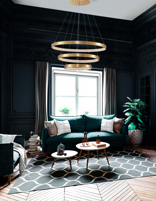 Lustra aurie Aliz Ø80 cm cu trei pendule rotunde ajustabile si cristale, LED dimabil, design lux, 9862853 - Novaluce [5]
