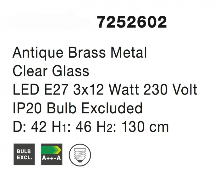 Lustra aurie cilindrica Ivar 3xE27 cu pereti sticla transparenti, finisaj antichizat, 7252602 - Novaluce [6]