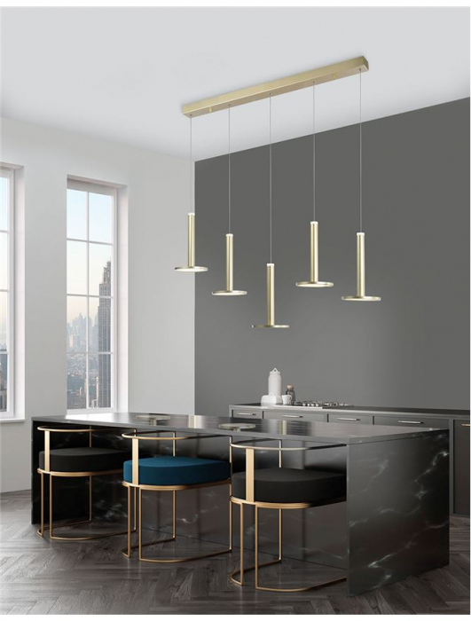 Lustra aurie liniara LED lux Oriana, cu 5 pendule metal, 107 cm, inaltime reglabila, 1703301203 - Novaluce [2]