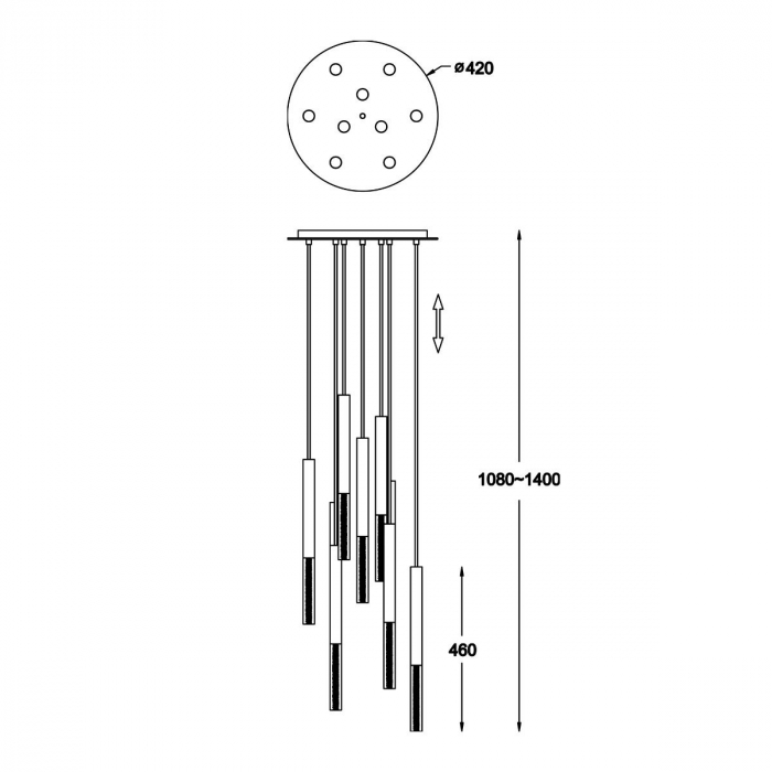 Lustra aurie rotunda ONE Ø 42 cm, cu 9 pendule cilindrice cu iluminare LED, inaltime reglabila, 003064-009123 - Zumaline [3]