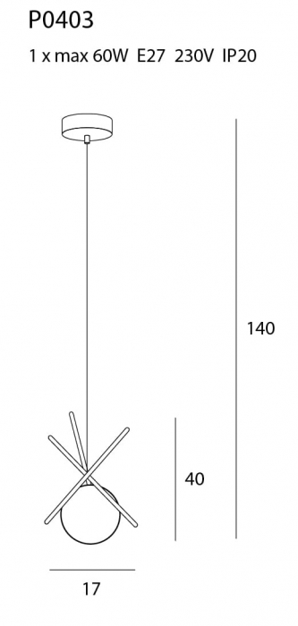Lustra aurie stil minimalist Sticks 17x40 cm forma bete aurii cu glob alb sticla, P0403 - Maxlight [2]