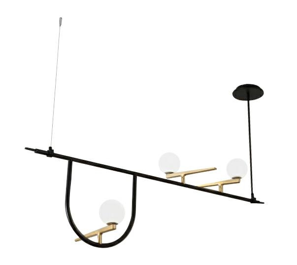 Lustra design lux Kelia 120 cm, structura liniara metal negru, detalii aurii, 3 becuri glob albe, XCP5235A-120 - King [2]