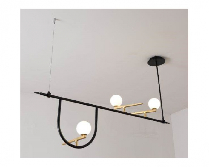 Lustra design lux Kelia 160 cm, structura liniara metal negru, detalii aurii, 3 becuri glob albe, XCP5235A-156 - King [3]