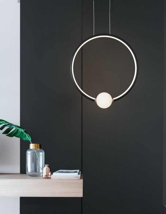 Lustra dimabila neagra/aurie inel LED Charon 43 cm, detaliu glob alb sticla, 9820605 - Novaluce [5]