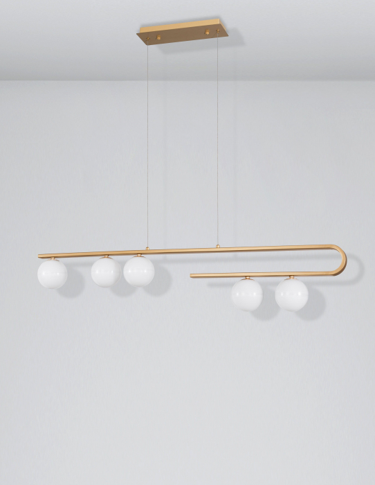 Lustra eleganta liniara aurie Ganiza 110 cm, 5 globuri albe sticla opal, inaltime reglabila, 9960616 - Novaluce [2]