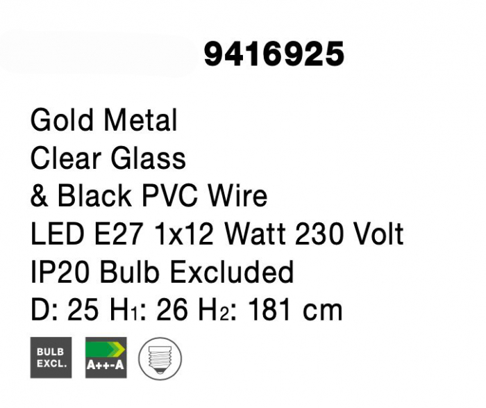 Lustra glob sticla transparent Levi Gold Ø25/30 cm, metal auriu, 1xE27, 9416925 - Novaluce [7]