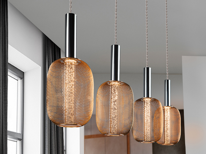 Lustra LED dimabila liniara aurie Rikke, 4 pendule plasa metal, cilindru interior acrilic, inaltime reglabila, 413756 - Schuller [5]