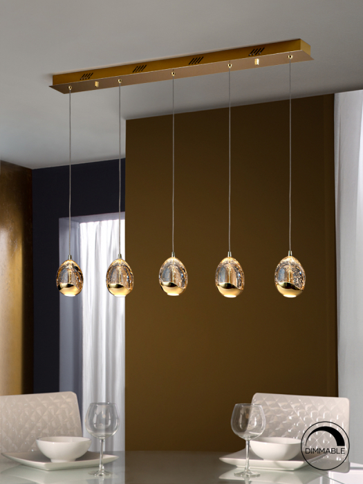 Lustra LED dimabila liniara lux crom/aurie Rikki, 5 abajururi din sticla cu bule decorative, inaltime reglabila, 783618 - Schuller [6]