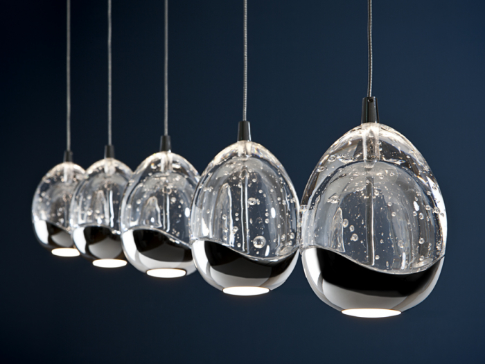 Lustra LED dimabila liniara lux crom/aurie Rikki, 5 abajururi din sticla cu bule decorative, inaltime reglabila, 783618 - Schuller [4]