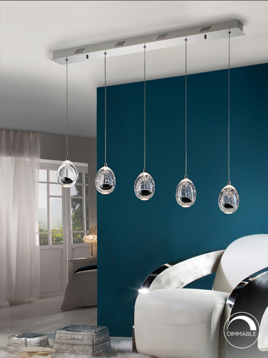 Lustra LED dimabila liniara lux crom/aurie Rikki, 5 abajururi din sticla cu bule decorative, inaltime reglabila, 783618 - Schuller [3]