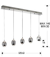 Lustra LED dimabila liniara lux crom/aurie Rikki, 5 abajururi din sticla cu bule decorative, inaltime reglabila, 783618 - Schuller [2]