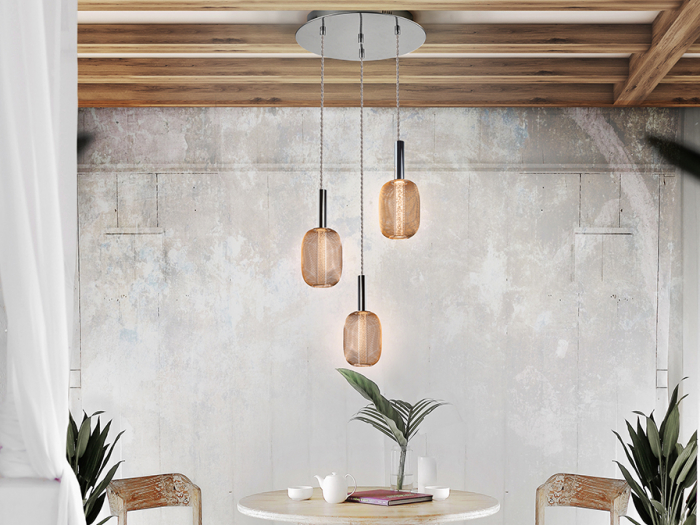 Lustra LED dimabila rotunda aurie Rikke, 3 pendule plasa metal, cilindru interior acrilic, inaltime reglabila, 413626 - Schuller [4]