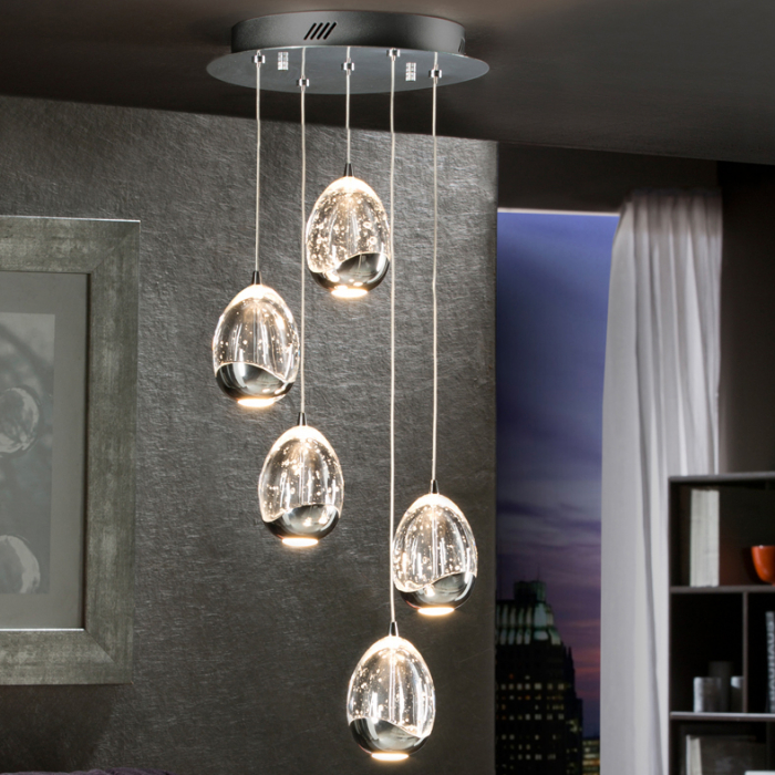 Lustra LED dimabila rotunda lux crom/aurie Rikki, 5 abajururi din sticla cu bule decorative, inaltime reglabila, 783517 - Schuller [2]