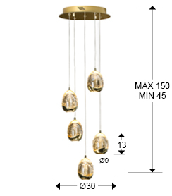Lustra LED dimabila rotunda lux crom/aurie Rikki, 5 abajururi din sticla cu bule decorative, inaltime reglabila, 783517 - Schuller [5]