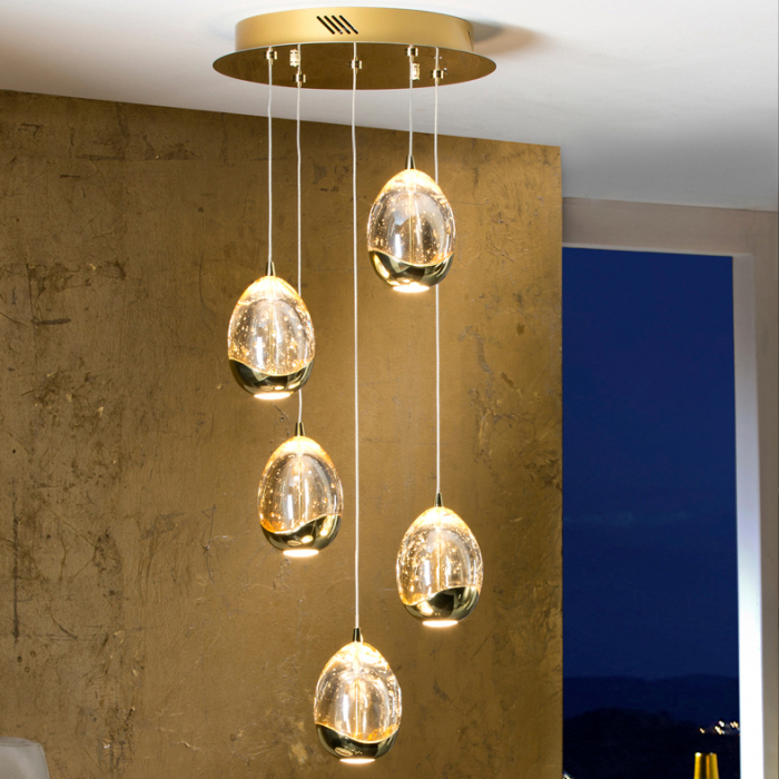 Lustra LED dimabila rotunda lux crom/aurie Rikki, 5 abajururi din sticla cu bule decorative, inaltime reglabila, 783517 - Schuller [4]