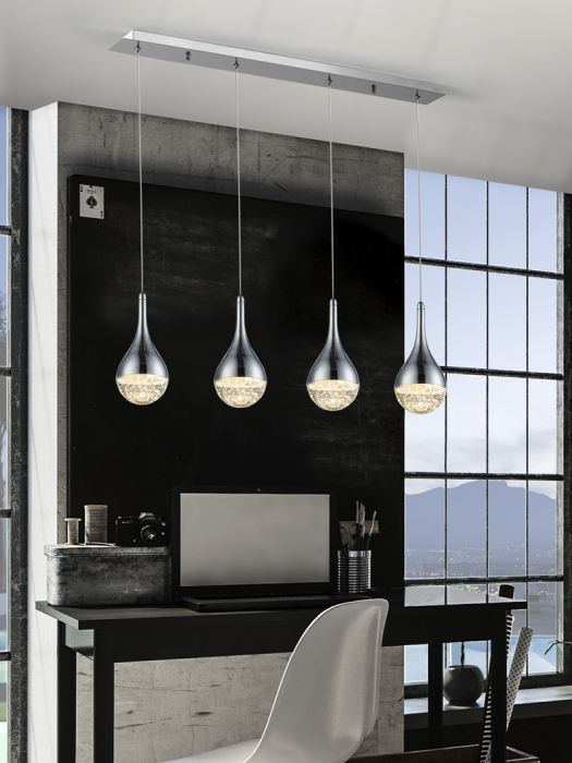 Lustra LED liniara crom Jengo 4 pendule aspect picatura metal-sticla cu bule decorative, inaltime ajustabila, 773421 - Schuller [2]