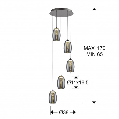 Lustra LED lux crom rotunda Loupi, 5 abajururi din sticla si policarbonat, inaltime reglabila, 584438 - Schuller [2]