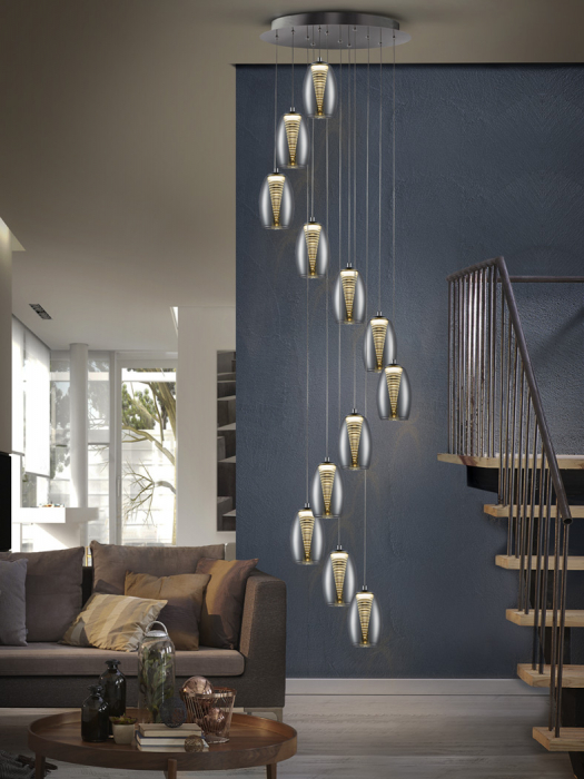 Lustra LED lux inalta crom rotunda Loupi, 12 abajururi din sticla si policarbonat, inaltime reglabila, 584541 - Schuller [3]