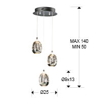 Lustra LED rotunda lux crom/aurie Rikki, 3 abajururi din sticla cu bule decorative, inaltime reglabila, 783741 - Schuller [4]