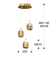 Lustra LED rotunda lux crom/aurie Rikki, 3 abajururi din sticla cu bule decorative, inaltime reglabila, 783741 - Schuller [3]