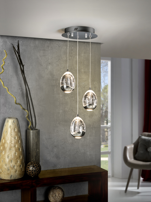 Lustra LED rotunda lux crom/aurie Rikki, 3 abajururi din sticla cu bule decorative, inaltime reglabila, 783741 - Schuller [5]