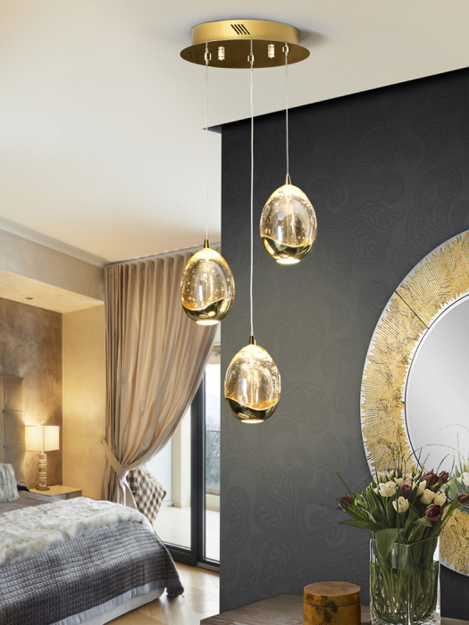 Lustra LED rotunda lux crom/aurie Rikki, 3 abajururi din sticla cu bule decorative, inaltime reglabila, 783741 - Schuller [2]