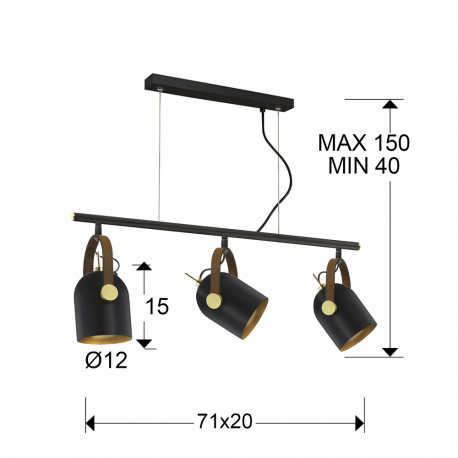 Lustra liniara neagra Emine, 3 abajururi metal rotative, detalii piele sintetica, inaltime reglabila, 346724 - Schuller [2]