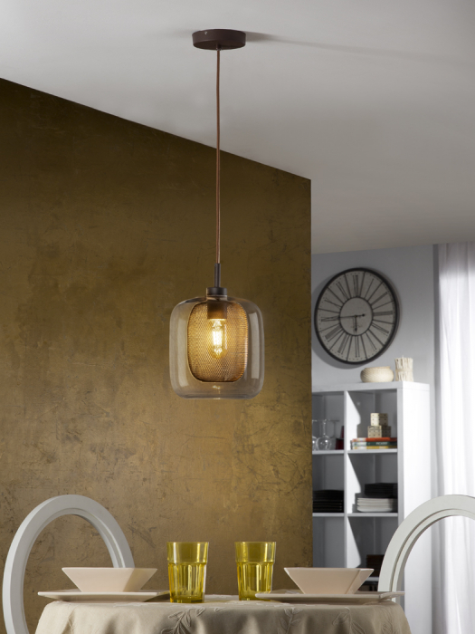 Lustra lux dimabila Sabro, pendul sticla maro cu mesh metalic interior Ø 20 cm, inaltime reglabila, 653608 - Schuller [3]