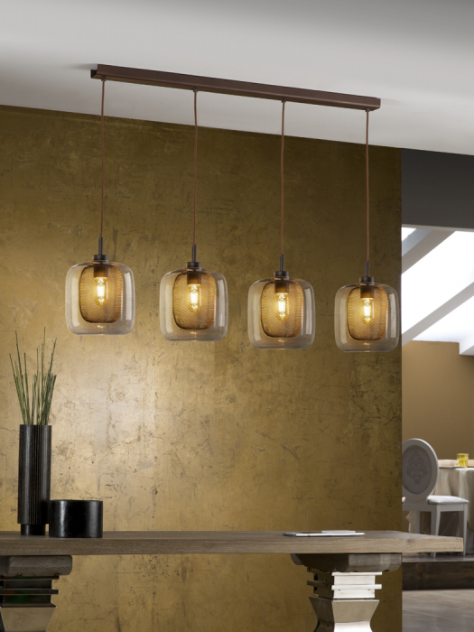 Lustra lux liniara Sabro, 4 pendule sticla maro cu mesh metalic interior, inaltime reglabila, 653422 - Schuller [2]