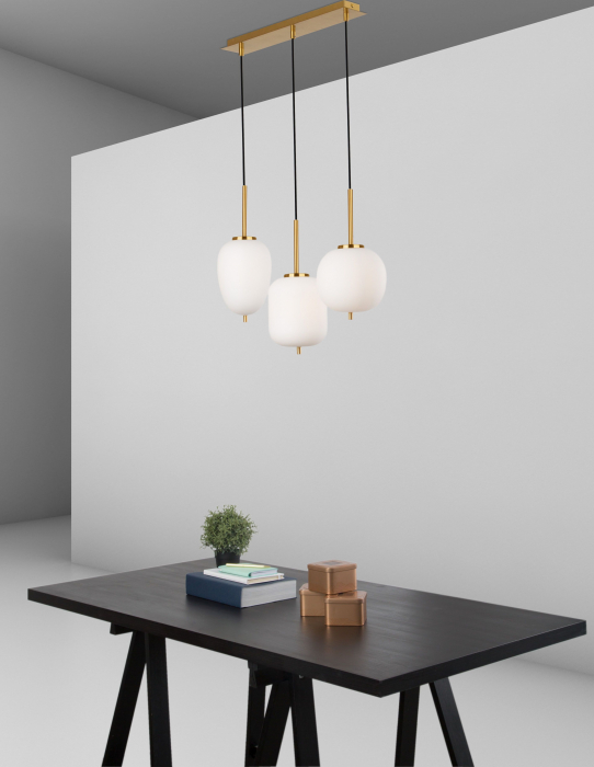 Lustra moderna liniara 3 pendule diferite alb cu auriu Felicia 53 cm, sticla/metal, 9624067 - Novaluce [5]