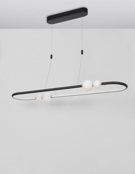 Lustra orizontala dimabila LED neagra/aurie Charon 100 cm, detalii glob albe sticla, design modern, 9820603 - Novaluce [2]
