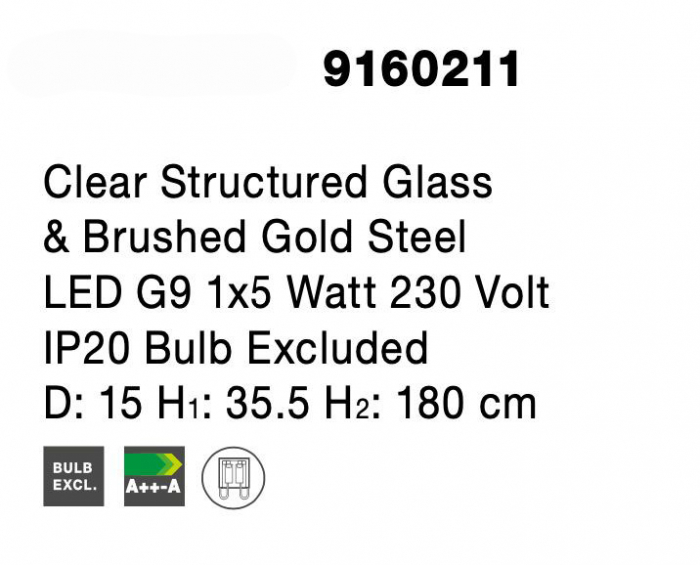 Lustra pendul aurie Fedora Ø15/30 cm, glob sticla structurata, bec LED G9, 9260211 - Novaluce [6]