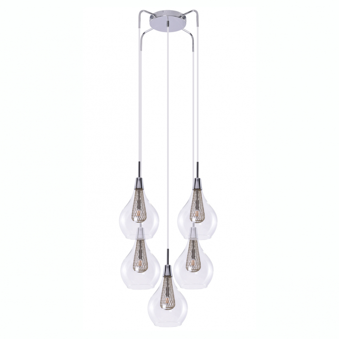 Lustra pendul Shiro 5 becuri inaltime asimetrica, abajur sticla transparenta, detalii metalice aurii si crom, AZ 1690 - Azzardo [2]