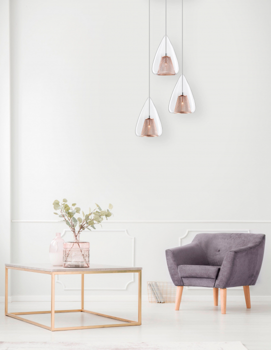 Lustra rotunda 3 pendule sticla transparenta Kimbra Ø30 cm, detalii metal impletit auriu rose, design modern, 1600200503 - Novaluce [2]
