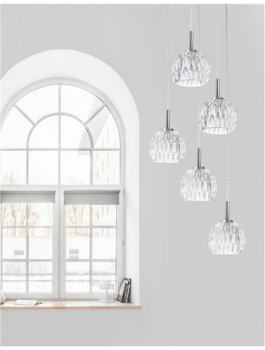 Lustra rotunda cu 5 pendule din sticla transparenta Alexis, Ø 33 cm, baza metal cromat, inaltime reglabila, 8540405 - Novaluce [2]
