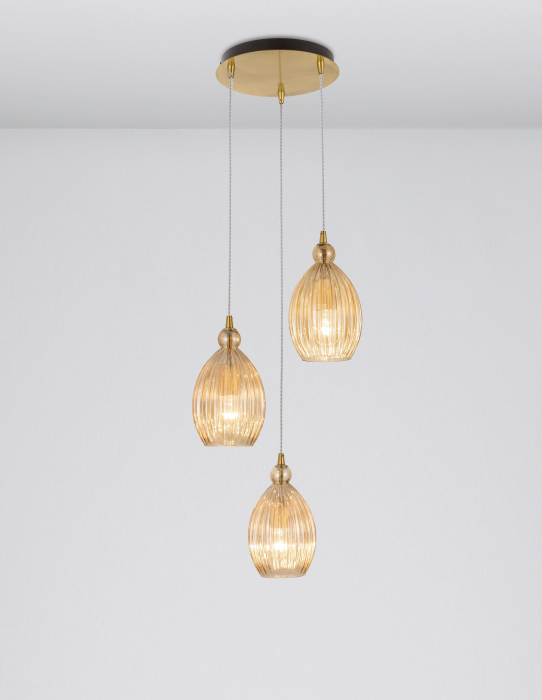 Lustra sticla galbena 3 pendule forma rotunda alungita Jaime Ø23 cm, metal auriu, 9988382 - Novaluce [3]