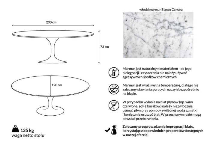 Masă de Dining Tulip Ellipse Marble 200x120x73 cm, Marmură și Metal Alb Lacuit la Înalt Luciu - King Home [2]