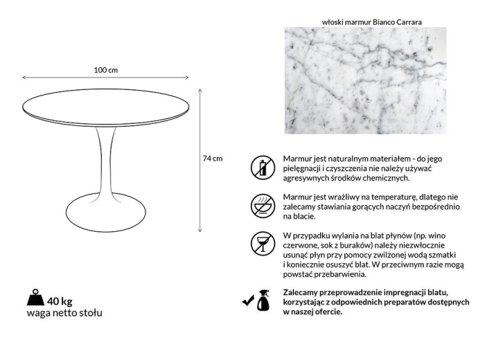 Masă de Dining Tulip Marble 100x100x74 cm, Marmură și Metal Alb Luciu Înalt - King Home [4]