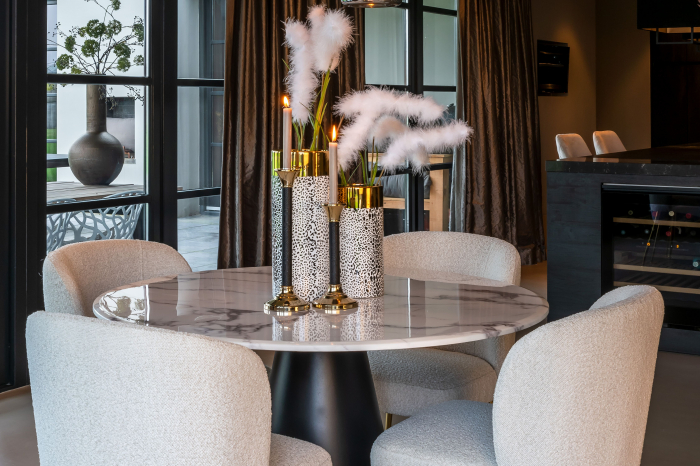 Masa dining lux rotunda Cimba, Ø 120 cm, blat marmura artificala, baza otel inoxidabil, 9915 - Richmond Interiors [6]