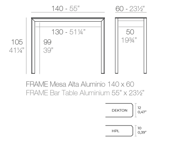 Masa exterior inalta¬†Frame 140x60x105 cm, blat HPL/DEKTON®, picioare aluminiu, 54243F BE B - Vondom [3]